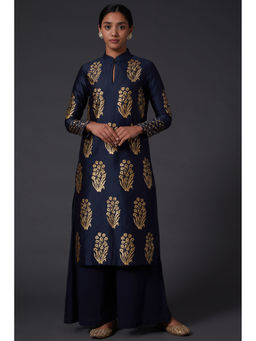 Rohit Bal - Indigo Blue & Gold Block Printed Kurta & Palazzo (Set of 2)