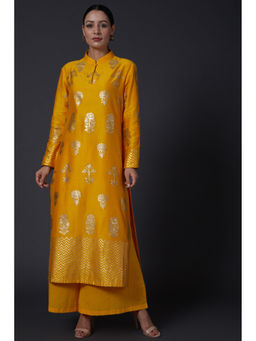 Rohit Bal - Yellow & Gold Block Printed Kurta with Pants (Set of 2)
