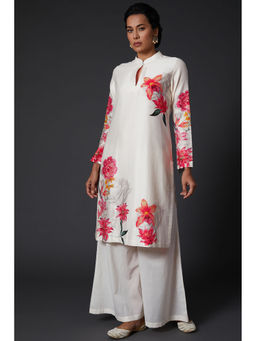Rohit Bal - Ivory Floral Printed Chanderi Silk Kurta & Palazzo (Set of 2)