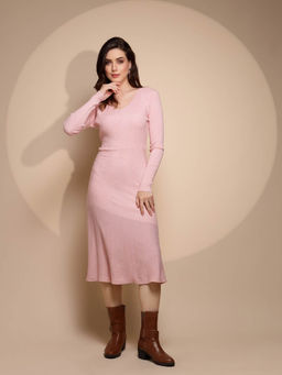 Global Republic - Pink Solid Full Sleeve V-Neck Knit Dress