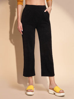 Global Republic - Black Solid Mid Waist Cotton Trousers