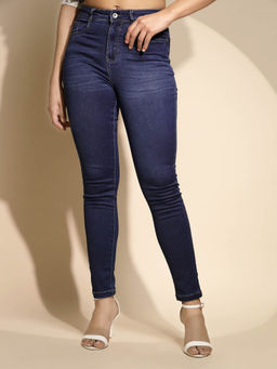 Global Republic - Blue Solid Mid Waist Cotton Blend Jeans