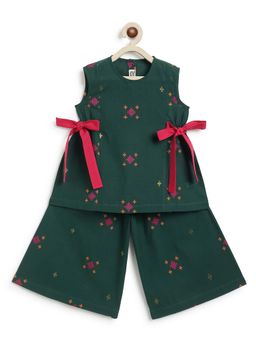 TIBER TABER - Girls Green Cotton Printed Top with Culotte