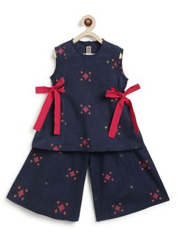 TIBER TABER - Girls Blue Cotton Printed Top with Culotte