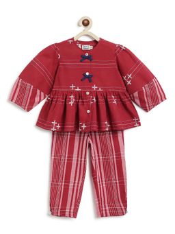 TIBER TABER - Girls Maroon Cotton Printed Top with Pants