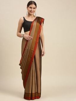 Sangam Prints - Beige & Red Crepe Printed Traditional Saree with Unstitched Blouse