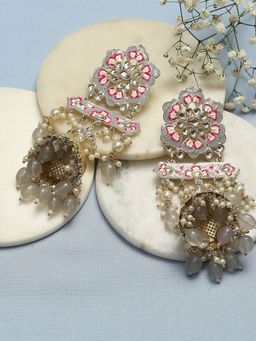 Biba - Pink Grey Brass Gold Plated Jhumki Earrings