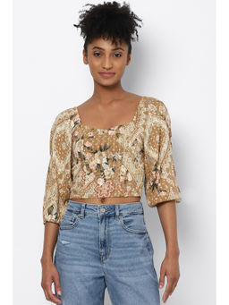 American Eagle - Women Brown off-The-Shoulder Puff-Sleeve Crop Top