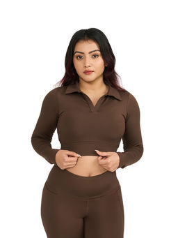 Hunnit - Brown Zen Polo Neck Full Sleeve Activewear Crop Polo T-Shirt for Women