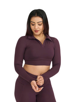 Hunnit - Wine Zen Polo Neck Full Sleeve Activewear Crop Polo T-Shirt for Women