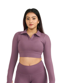 Hunnit - Mauve Zen Polo Neck Full Sleeve Activewear Crop Polo T-Shirt for Women