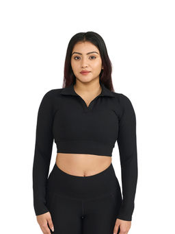 Hunnit - Black Zen Polo Neck Full Sleeve Activewear Crop Polo T-Shirt for Women