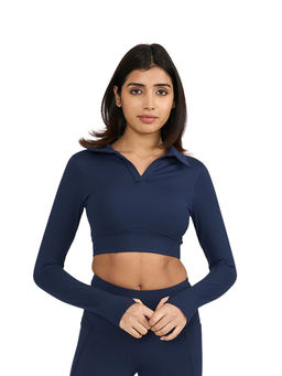 Hunnit - Blue Zen Polo Neck Full Sleeve Activewear Crop Polo T-Shirt for Women