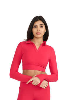 Hunnit - Pink Zen Polo Neck Full Sleeve Activewear Crop Polo T-Shirt for Women
