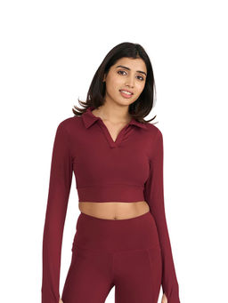 Hunnit - Maroon Zen Polo Neck Full Sleeve Activewear Crop Polo T-Shirt for Women