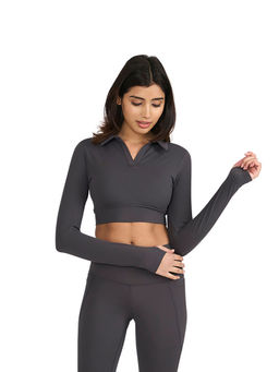 Hunnit - Grey Zen Polo Neck Full Sleeve Activewear Crop Polo T-Shirt for Women