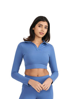 Hunnit - Blue Zen Polo Neck Full Sleeve Activewear Crop Polo T-Shirt for Women