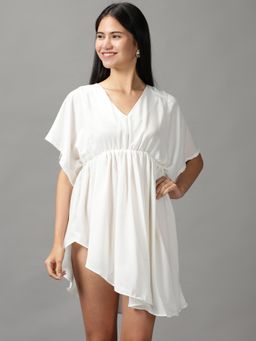 SHOWOFF - Womens V-Neck Above Knee Off White Solid Dress