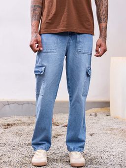 Bewakoof - Men's Blue Washed Baggy Fit Cargo Mid- Rise Jeans