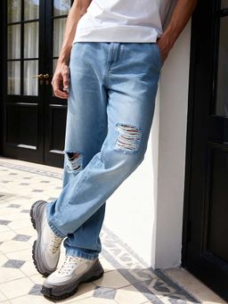 Bewakoof - Men's Blue Washed Baggy Fit Distressed Mid-Rise Jeans