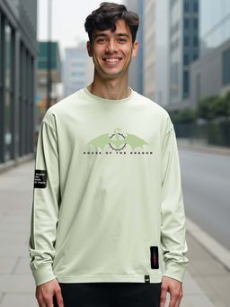 Bewakoof - House Of The Dragon Mens Fog Green Graphic Printed Oversized T-Shirt