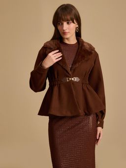 Kazo - Brown Fur Collar Peplum Jacket
