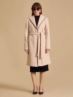 Kazo - Beige Chain Stitch Detail Wrap Coat with Belt (Set of 2)