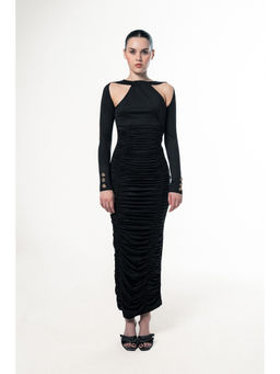 SOTBELLA - Women's Black Cut-Out Neck Ruched Maxi Dress