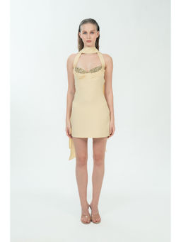 SOTBELLA - Women's Butter Yellow Halter Neck Mini Dress with Scarf