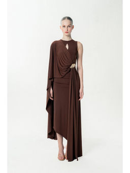 SOTBELLA - Women's Brown Draped Asymmetric Midi Dress