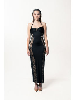 SOTBELLA - Women's Black Lace Panel Halter Neck Dress