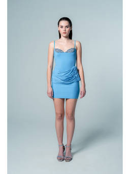 SOTBELLA - Women's Blue Crystal Detail Ruched Mini Dress