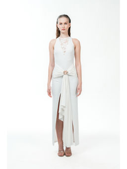 SOTBELLA - Women's White Draped Halter Neck Slit Dress