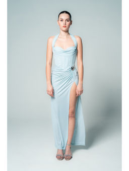 SOTBELLA - Women's Blue Draped Halter Neck Dress