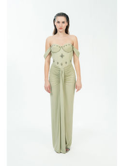 SOTBELLA - Women's Green Embellished Aloe Off-Shoulder Gathered Dress
