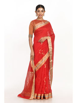 SARI KI ALMARI - Quirky Red Woven Saree with Unstitched Blouse