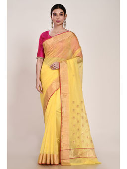 SARI KI ALMARI - Plain Yellow Floral Saree with Unstitched Blouse