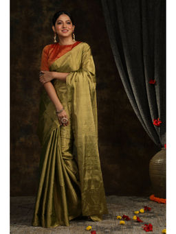 SARI KI ALMARI - Tissue Green Solid Saree with Unstitched Blouse