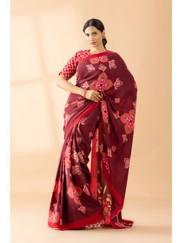 Thee Modern Roots - Maroon Lotus Floral Printed Crepe Designer Saree with Unstitched Blouse