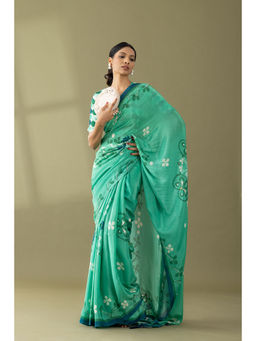 Thee Modern Roots - Sea Green Floral Printed and Embroidered Crepe with Unstitched Blouse