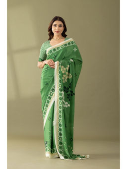 Thee Modern Roots - Basil Green Printed and Embroidered Crepe Designer Saree with Unstitched Blouse