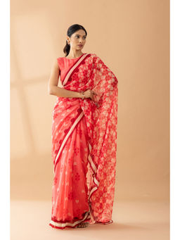 Thee Modern Roots - Watermelon Red Petal Shower Printed Chiffon Saree with Unstitched Blouse