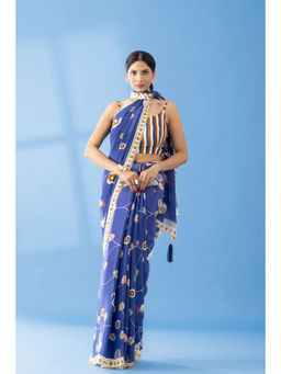 Thee Modern Roots - Berry Blue Classic Charm Printed Crepe Saree with Unstitched Blouse