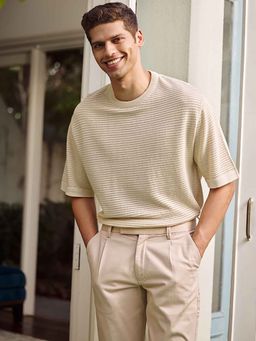 Andamen - Mens Casual Off White Cotton Knit Relaxed Fit T-Shirt