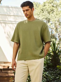 Andamen - Mens Casual Olive Green Cotton Waffle Relaxed Fit T-Shirt