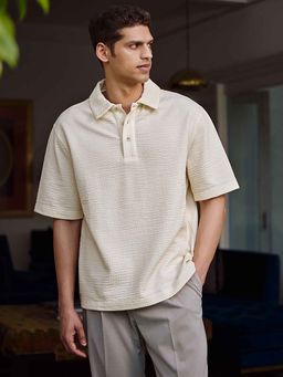 Andamen - Mens Casual Off White Triblend Cotton Knit Relaxed Fit Polo T-Shirt