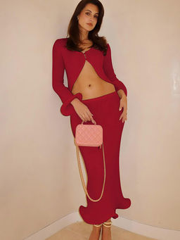 Miakee - Red Nesra Solid Top & Skirt (Set of 2)