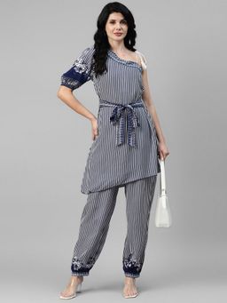 Deebaco - Navy Blue Striped One Shoulder Longline Top With Trouser