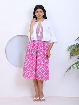 Deebaco - Pink Geometrical Print Rayon Dress with Shrug