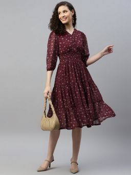 Deebaco - Wine Dobby Floral Printed Women Tiered Dress